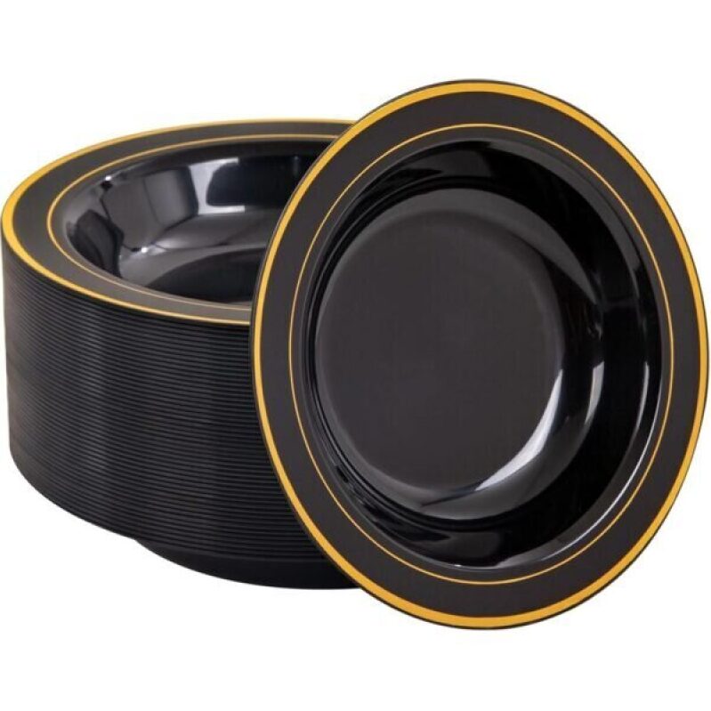 50 Pack Black Plastic Bowls with Gold Rim - 12oz Disposable Soup Bowls for Weddings, Parties, and Everyday Use