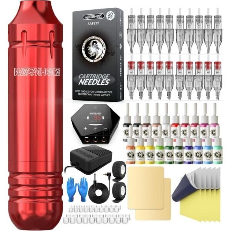 Beginner's Rotary Tattoo Pen Kit with 20 Color Inks and 20 Cartridge Needles - WTK090