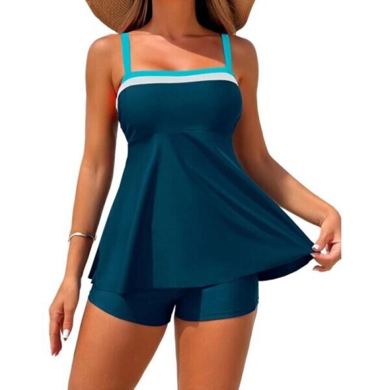 Women's Tankini Swimsuits: 50% Off Blue Green Color Block Bathing Suits with Swim Shorts