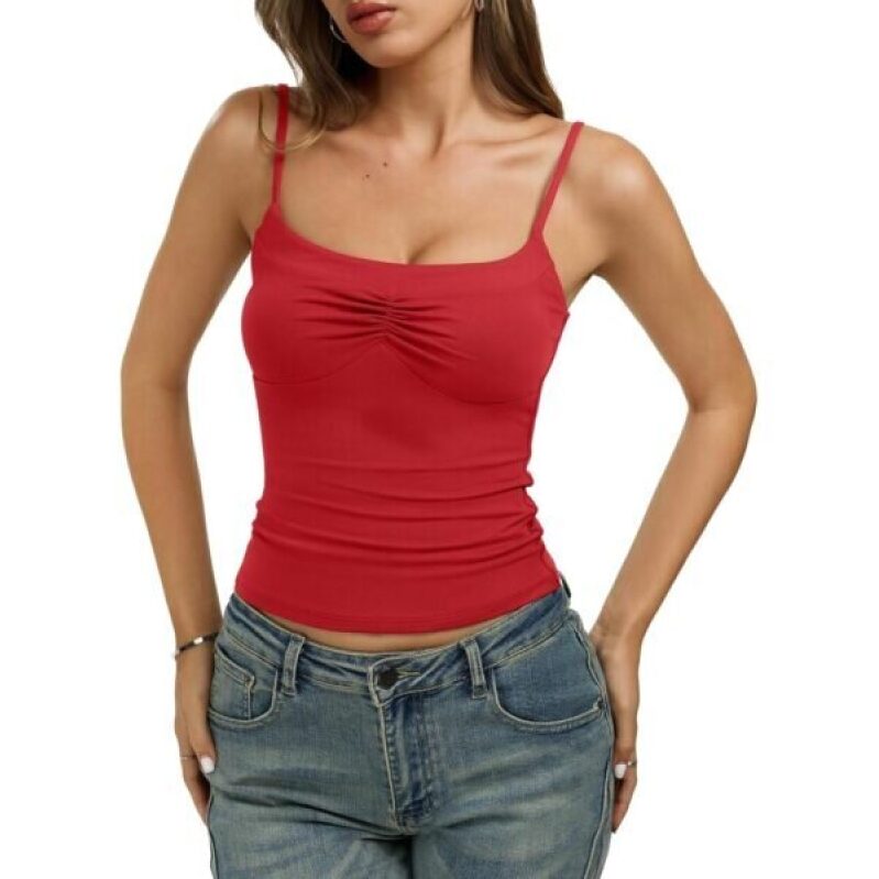 REORIA Women's Red Square Neck Tank Top - Adjustable Spaghetti Straps