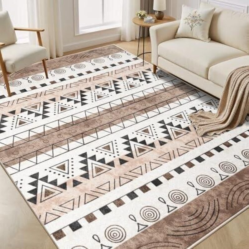 Machine Washable Area Rug - 5x7 ft - Low-Pile Geometric Pattern