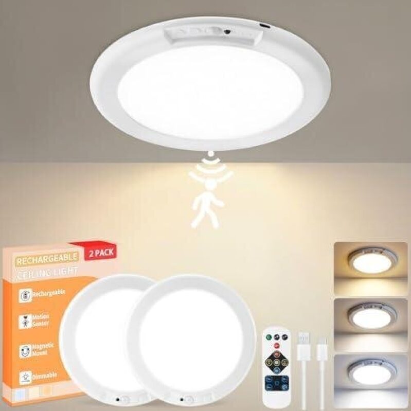 KYEKIO Rechargeable Ceiling Light - 2 Pack, 3 Color Modes, Dimmable, Magnetic Mount