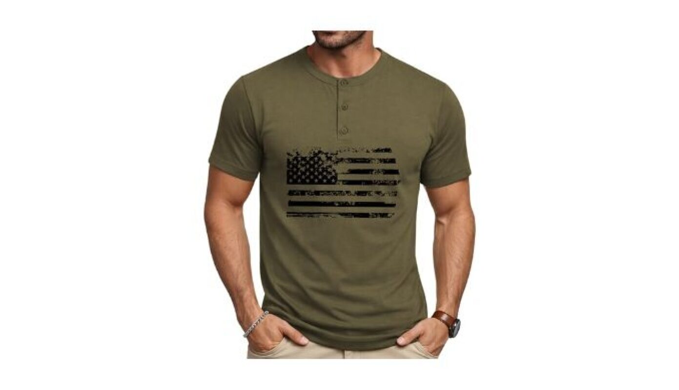 Patriotic Henley Shirt for Men - American Flag Graphic Tee