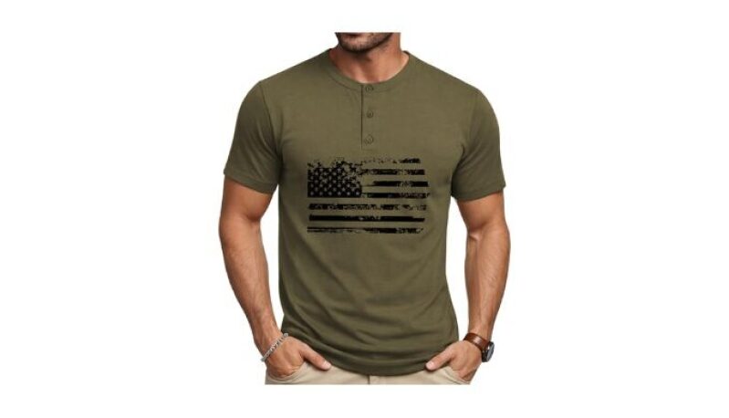 Patriotic Henley Shirt for Men - American Flag Graphic Tee