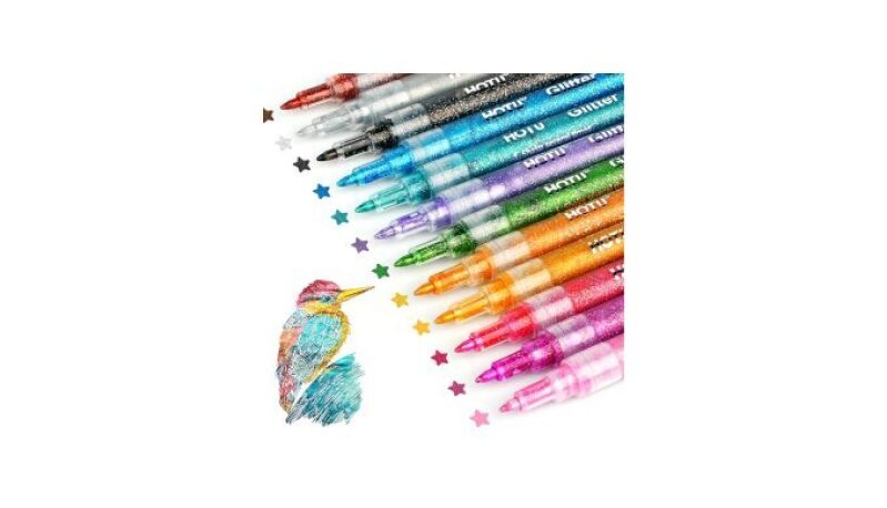 HOTU Glitter Markers Pen: 12 Colors Sparkle Metallic Acrylic Markers for Adults DIY Crafts