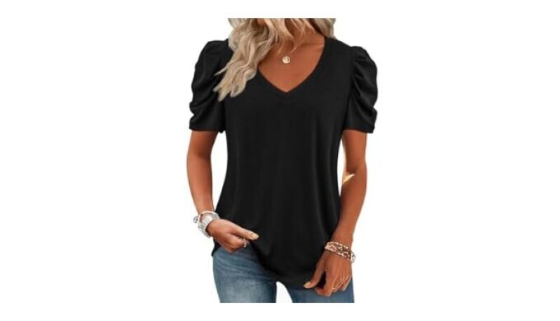 Women's Boho V-Neck Puff Sleeve T-Shirt