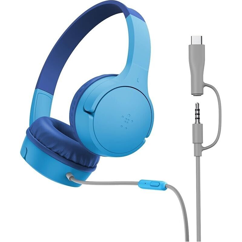 Belkin SoundForm Mini Kids Wired Headphone w/USB C to 3.5mm Dongle - Durable & Safe Audio Solution