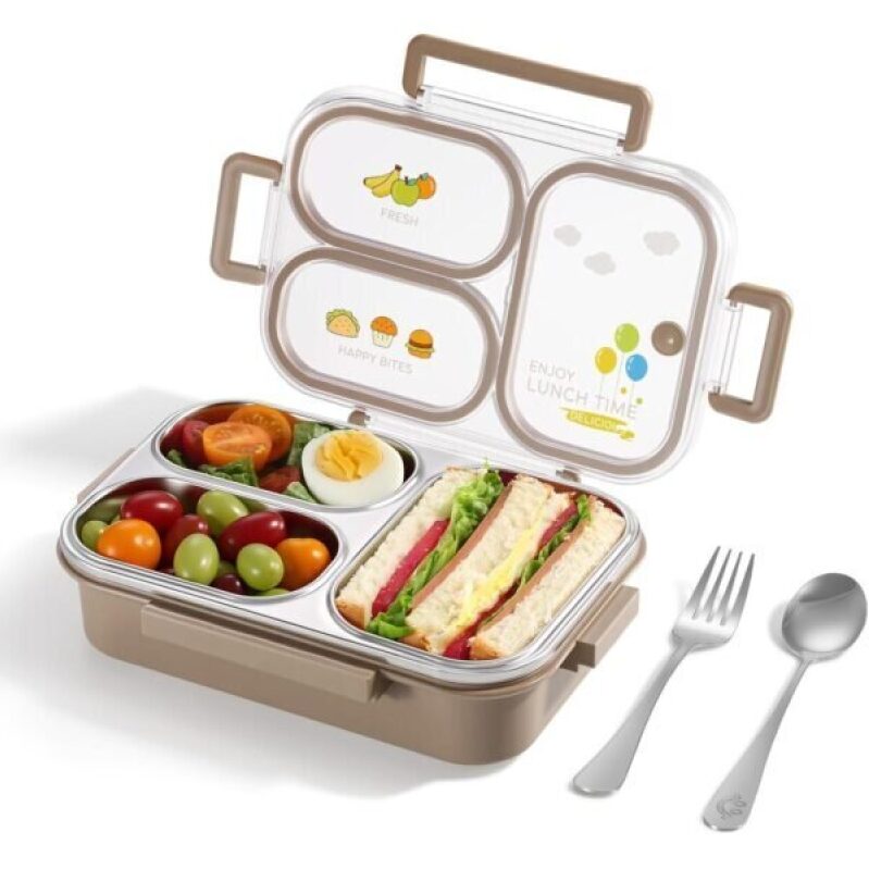 Leak Proof Stainless Steel Lunch Box for Kids & Adults - 3-Compartment Bento Box