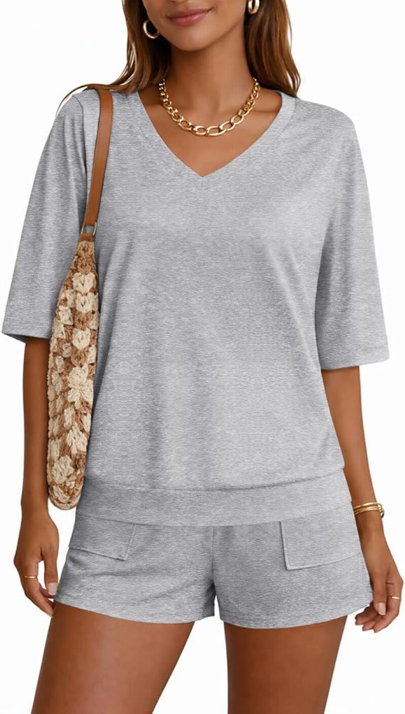 Ekouaer Lounge Sets for Women - V-Neck Two-Piece Short Pajama Set with Large Pockets