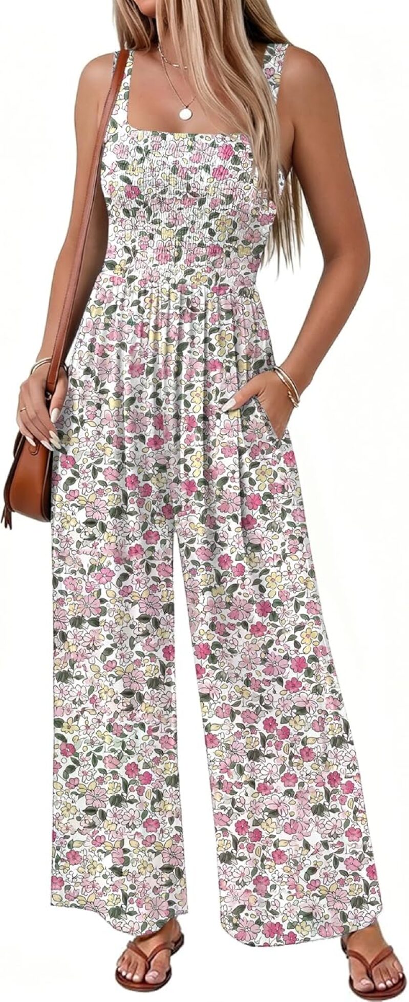 Ekouaer Women's Casual Loose Jumpsuit - One-Piece Printed Sleeveless Wide Leg Romper with Pockets