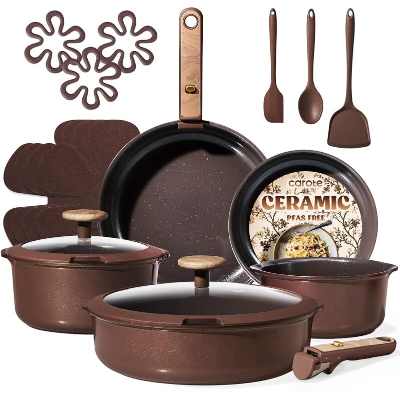 CAROTE 19 Pcs Ceramic Cookware Set - Non-Stick, Induction Compatible, Oven Safe