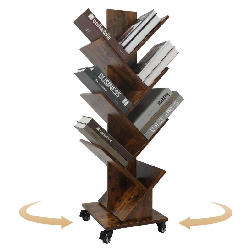 14-Tier Tree Rotating Bookshelf with Wheels - Modern & Convenient