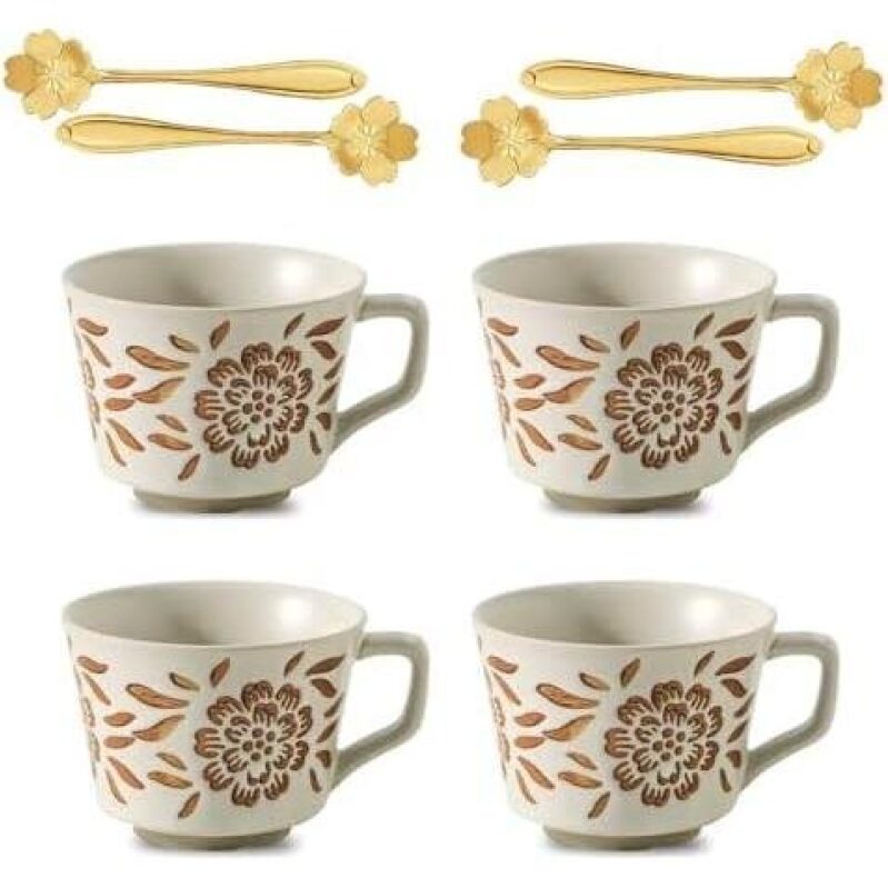 Elegant Ceramic Coffee Cups Set with Gold Flower Utensils - 48% OFF