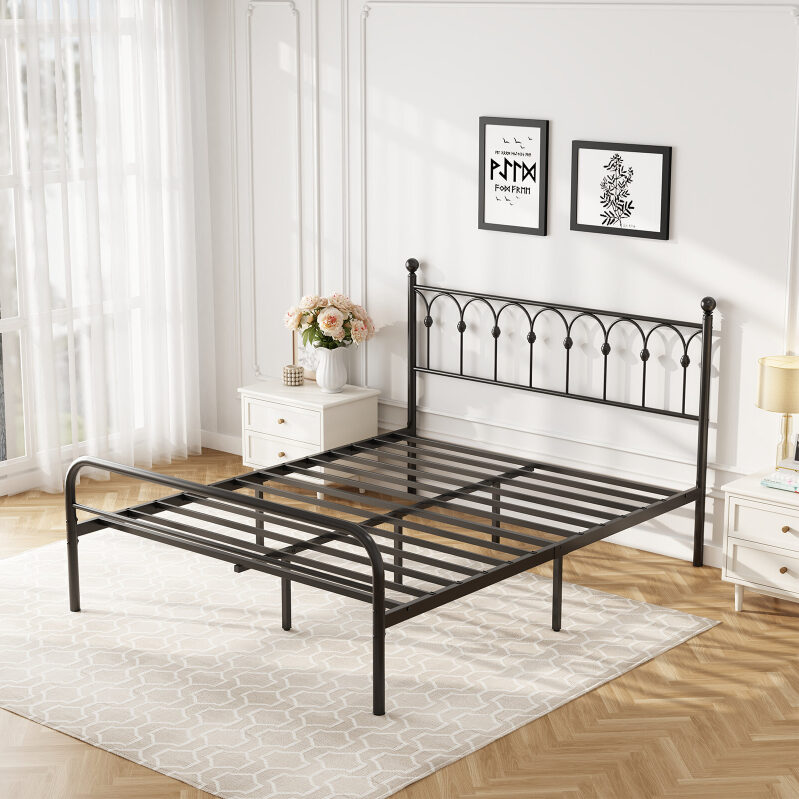 Queen Size Classic Metal Platform Bed Frame with Headboard