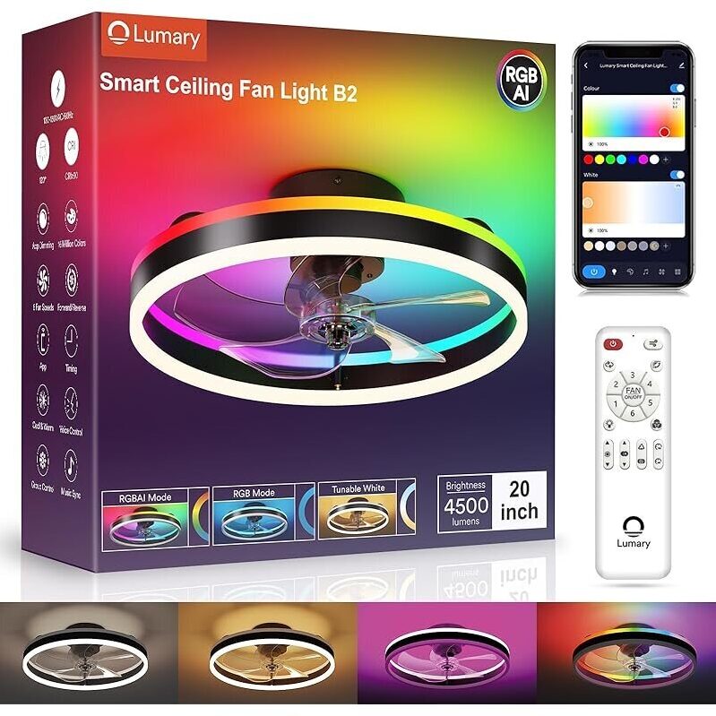Lumary Smart WiFi Ceiling Fan with RGBAI Lighting - 20 Inch