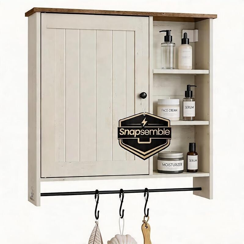 SONGMICS Rustic White Bathroom Wall Cabinet with Adjustable Shelves