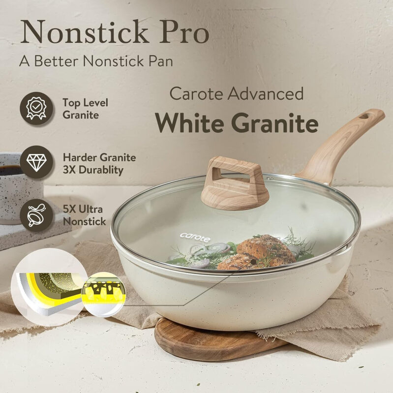 CAROTE 12-Inch Rice Stone Non-Stick Deep Frying Pan with Lid - Prime Eligible
