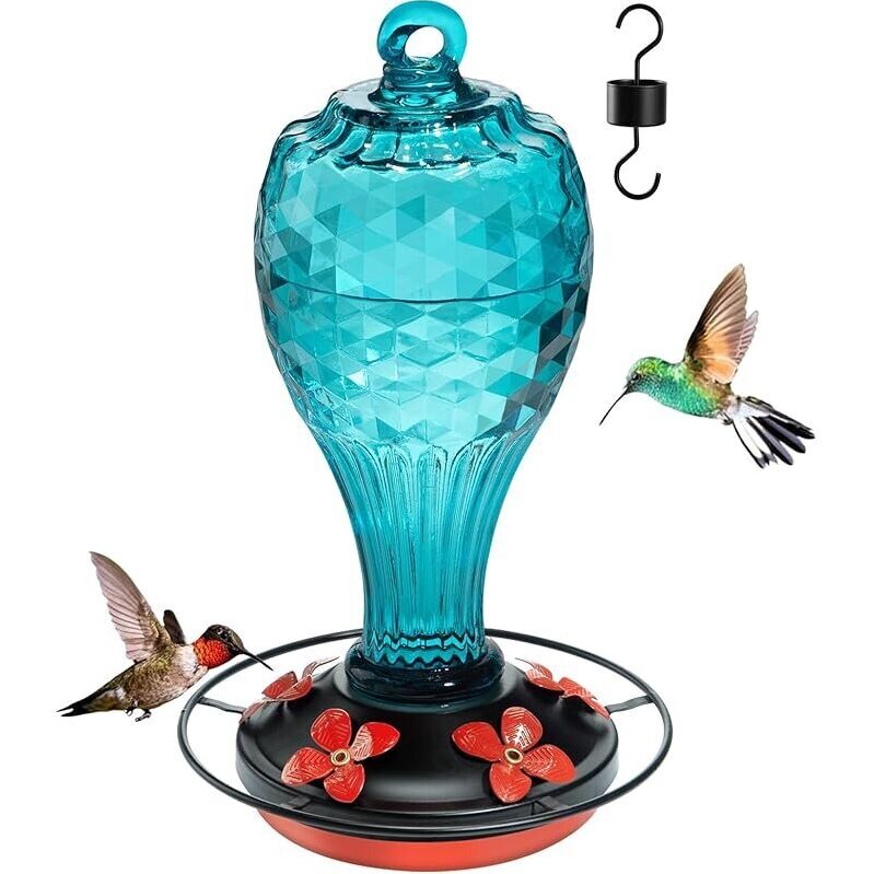 Jarkyfine Glass Hummingbird Feeders 20oz - Vibrant Blue with Glimmer Effect
