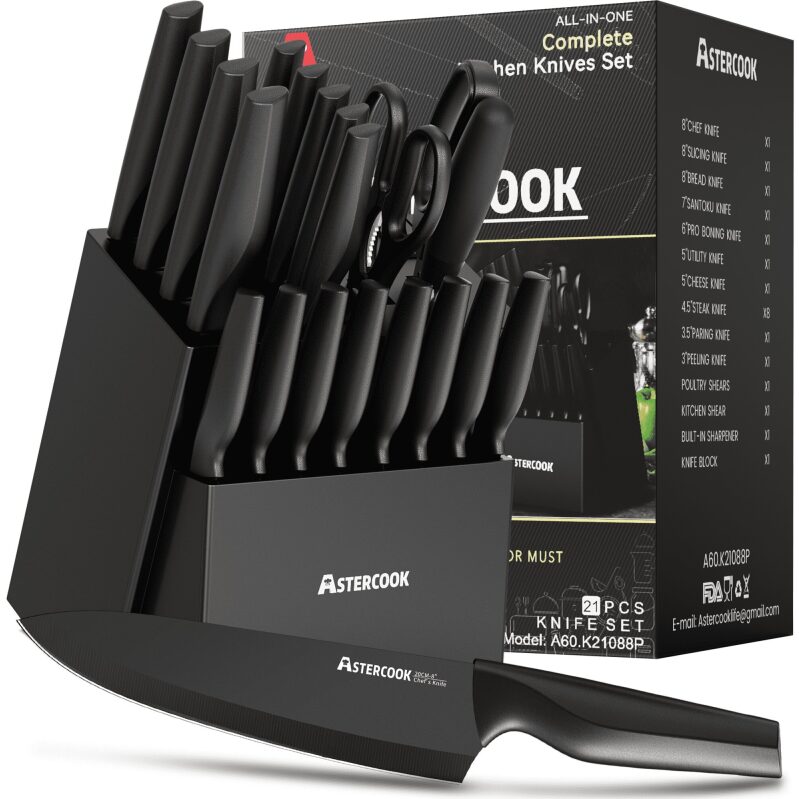 Astercook 20pcs Knife Set with Sharpener - Complete Kitchen Knives Set