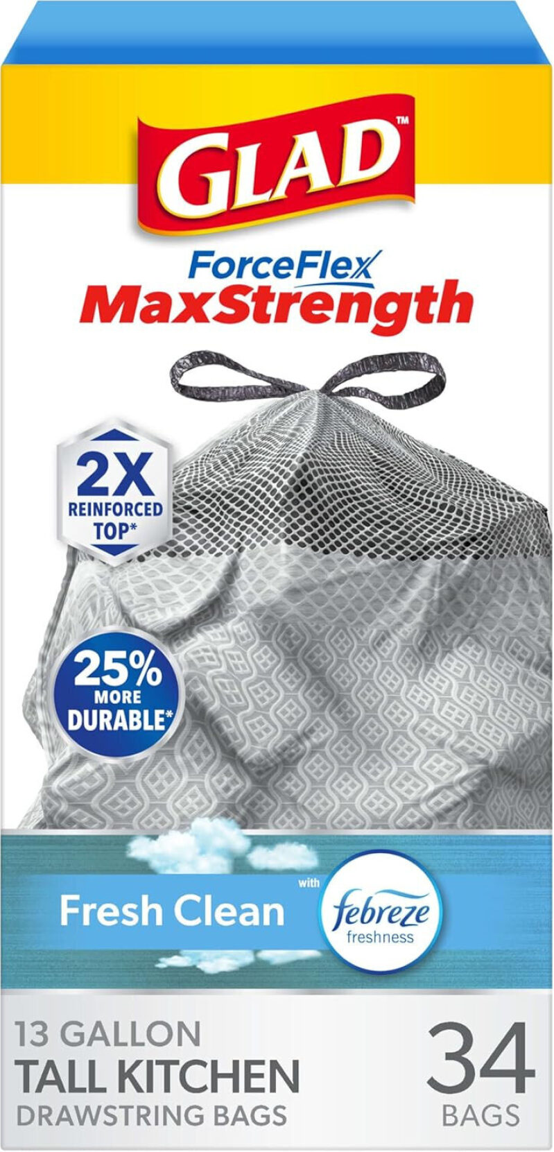 Glad ForceFlex MaxStrength 13-Gallon Kitchen Drawstring Bags - 34 Count