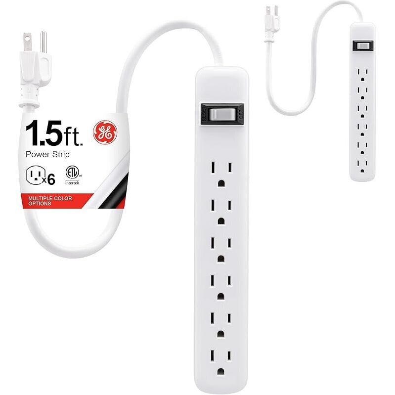 2-Pack GE 6-Outlet Power Strip with 1.5ft Extension Cord - Reliable Extension for Home & Office