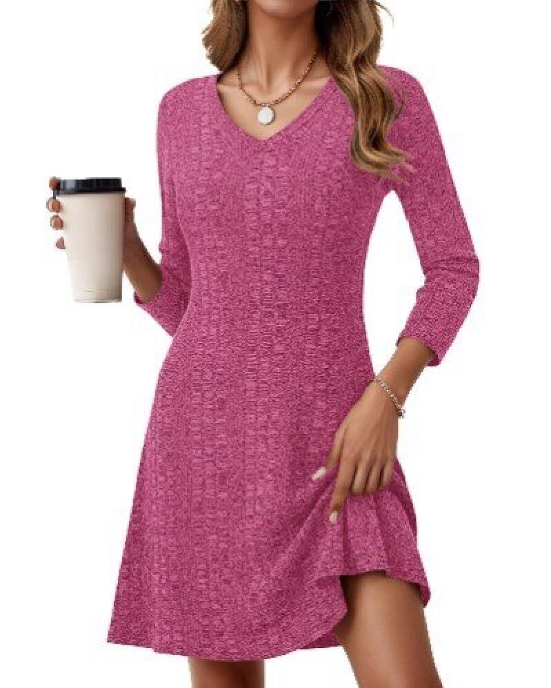 Elegant Pink V-Neck Knit Dress for Women - Perfect for Everyday Elegance