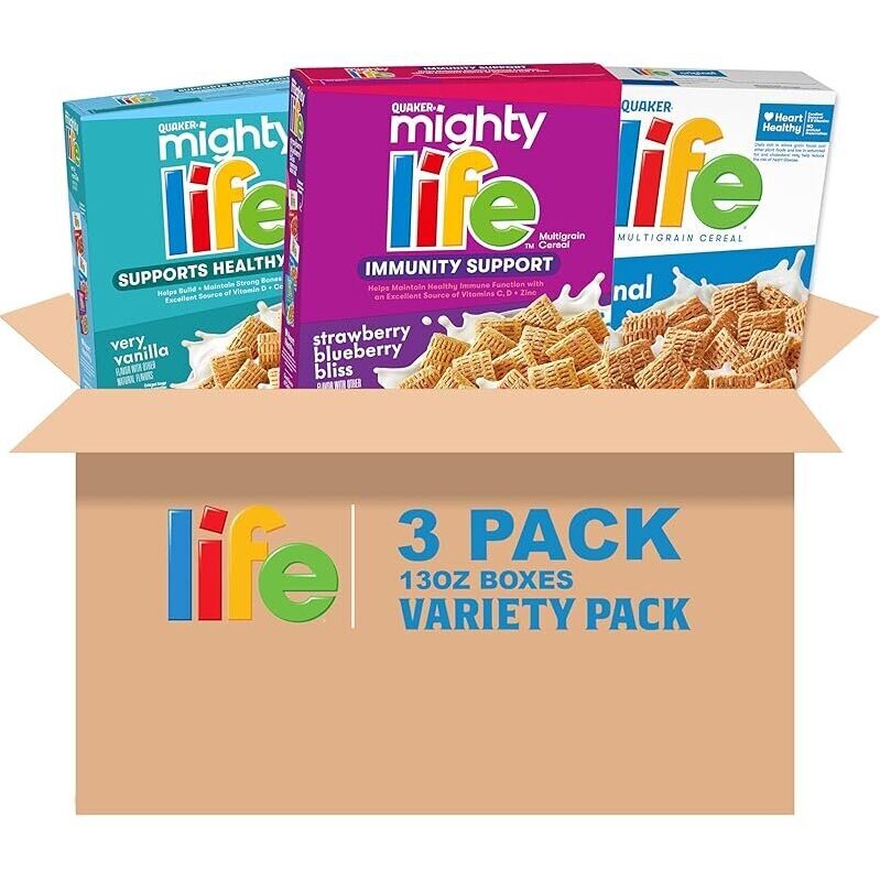 3 Pack Quaker Mighty Life Multigrain Breakfast Cereal Variety Pack - Original, Vanilla, Blueberry Bliss