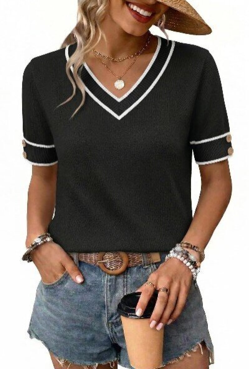 Women's Short Sleeve Knit Top with V-Neck Design