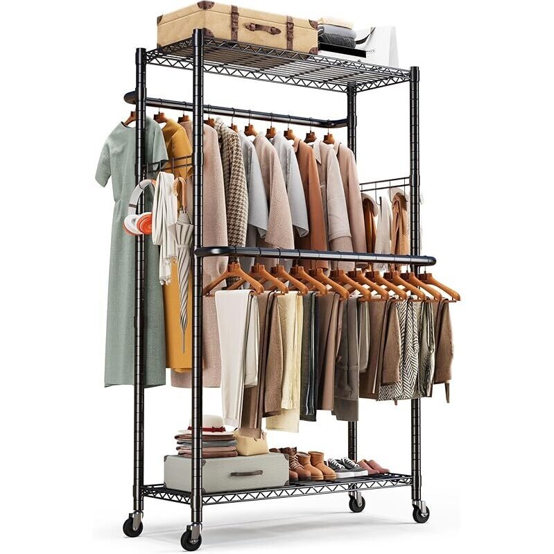 Heavy Duty Clothes Rack with Wheels & Hooks - Perfect for Home Storage