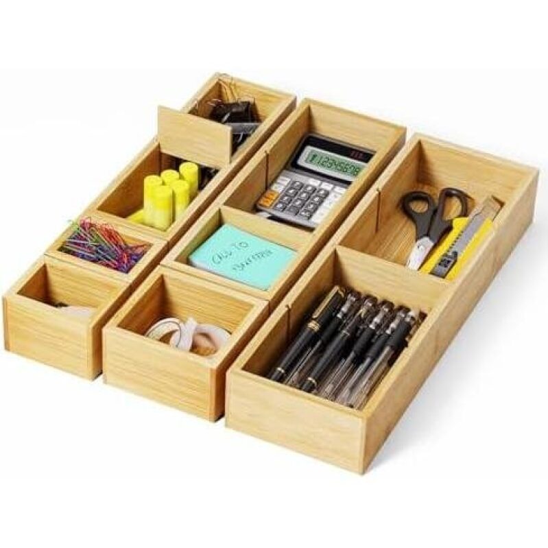 6PCS Desk Drawer Organizer Tray with 12 Compartments – Bamboo Office Storage Boxes Set for Junk Drawer Supplies 48%OFF