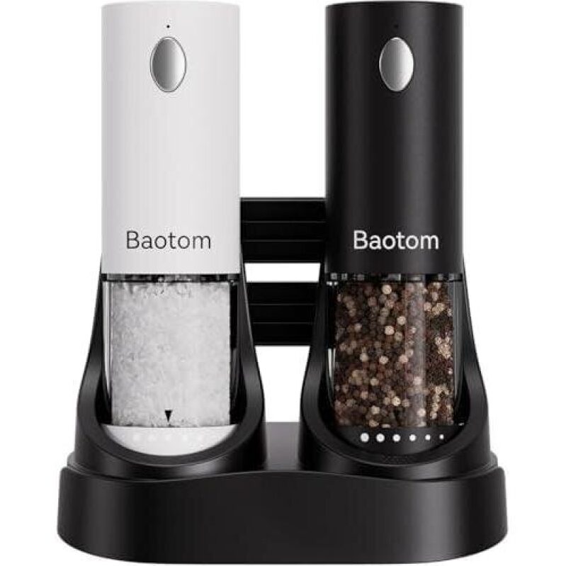 Baotom Electric Salt and Pepper Grinder Set - Dual Charging Dock, 6 Grind Settings, Single Hand Operation, LED Light, Black and White