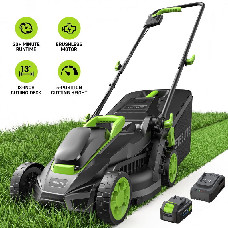 Steelite 13-Inch Cordless Lawn Mower w/Battery & Charger - Eco-Friendly Lawn Care