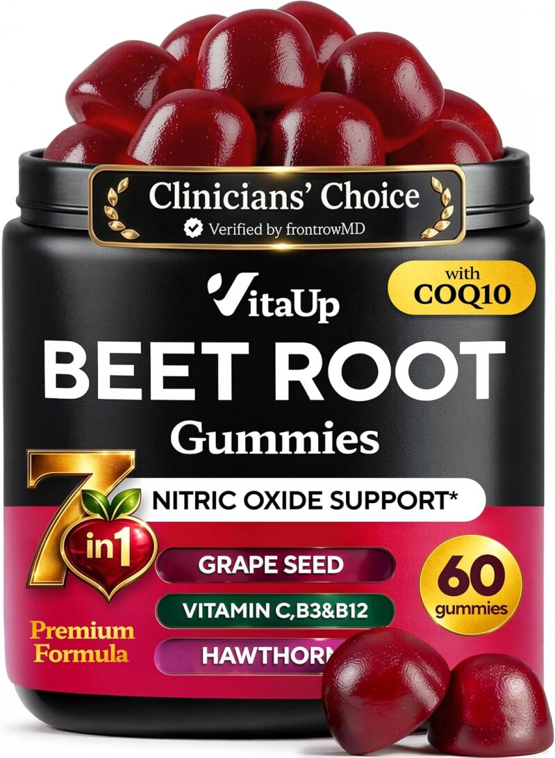 VitaUp Beet Root Gummies with CoQ10 & Grape Seed - Nitric Oxide Circulation Support (60 Count)