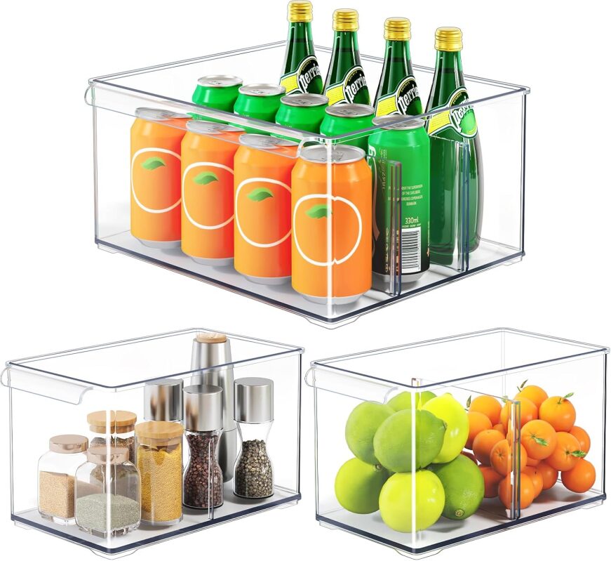 HOMETUK Clear Plastic Storage Bins with Dividers - 3-Pack Stackable Acrylic Organizer Containers for Fridge and Pantry