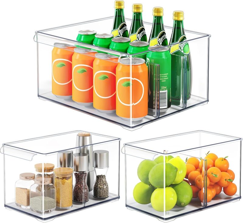 HOMETUK Clear Plastic Storage Bins with Dividers - 3-Pack Stackable Acrylic Organizer Containers for Fridge and Pantry