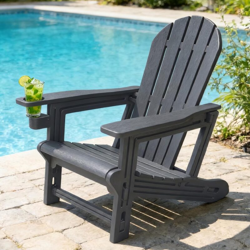 HDPE All-Weather Adirondack Chair with Built-In Cup Holder - Tool-Free Assembly (Grey)