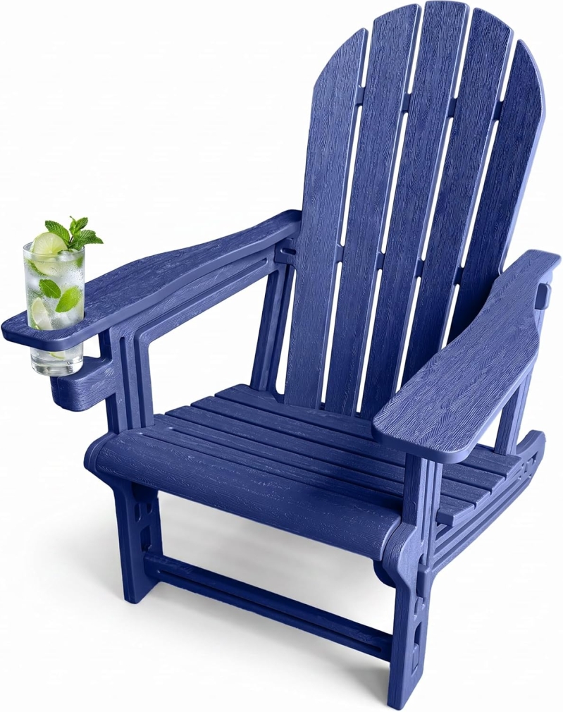 All-Weather HDPE Plastic Adirondack Chair with Cup Holder – Navy Blue