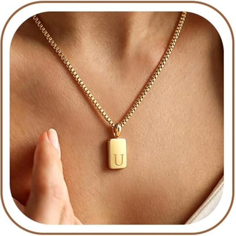 18K Gold Plated Initial Pendant Necklace with Reinforced Box Chain