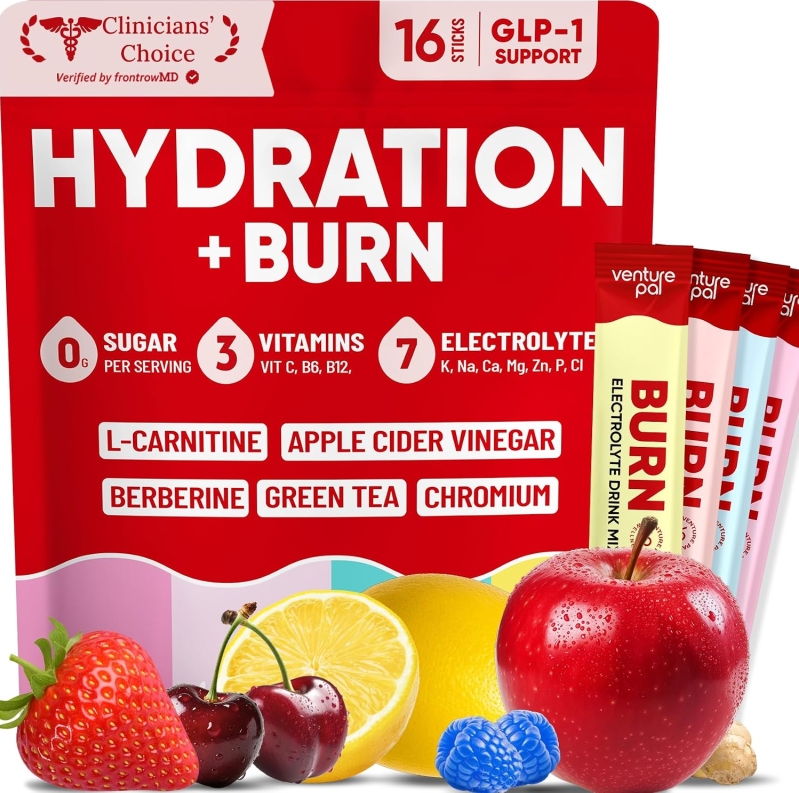 Venture Pal Burn Electrolyte Packets – Sugar Free Hydration with 7 Electrolytes, L-Carnitine, Berberine, ACV & Chromium, Metabolic & Satiety Support, Keto & Vegan, 16 Sticks