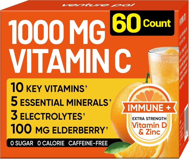 Venture Pal 1000mg Vitamin C Powder with Zinc & Elderberry – Sugar Free B Complex, 10 Vitamins, Minerals & Electrolytes, Daily Immune & Energy Support Packets, 60 Count