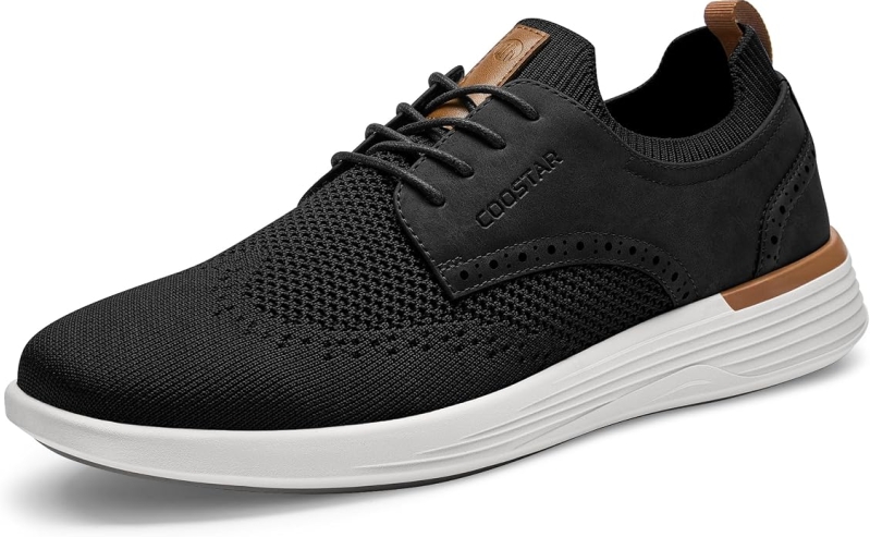 Coostar Men's Casual Dress Sneakers – Lightweight Wingtip Oxford Style with Breathable Knit Upper, Rubber Sole & Slip-On Elastic Collar, Business & Walking Shoe