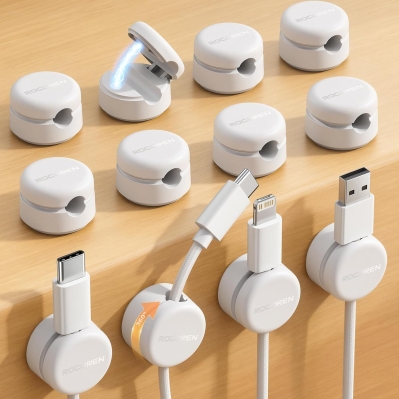 Rocoren 12-Pack Magnetic Cable Clips – 360° Rotating Cord Organizer with No-Residue Adhesive, Cord Holder for Desk, Nightstand, Wall, Car & Office, White