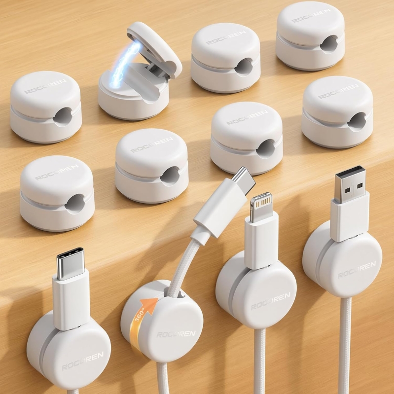 Rocoren 12-Pack Magnetic Cable Clips – 360° Rotating Cord Organizer with No-Residue Adhesive, Cord Holder for Desk, Nightstand, Wall, Car & Office, White