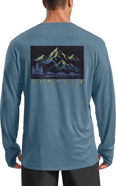 Pudolla Men's UPF 50+ Sun Shirt – Long Sleeve Quick Dry Hiking & Running Shirt with Thumb Holes, Lightweight Moisture-Wicking Rash Guard Base Layer
