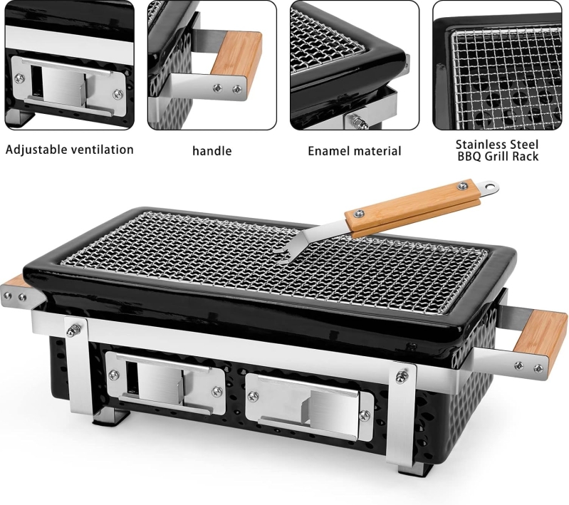 ONLYFIRE Ceramic Charcoal Hibachi Grill with Grid Lifter – Portable Japanese Yakitori & Korean BBQ Grill for Camping, Patio & Backyard