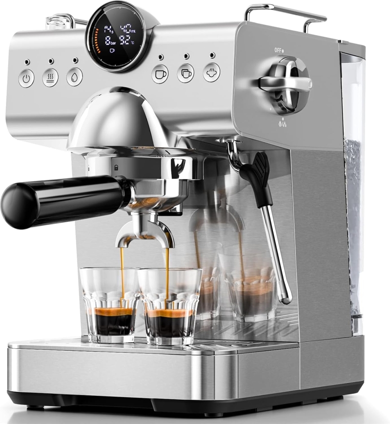 Electactic 20 Bar Espresso Machine with Milk Frother – Hot & Cold Dual Brew Coffee Maker, 50oz Removable Tank, LCD Display, Home Cappuccino Machine, Silver