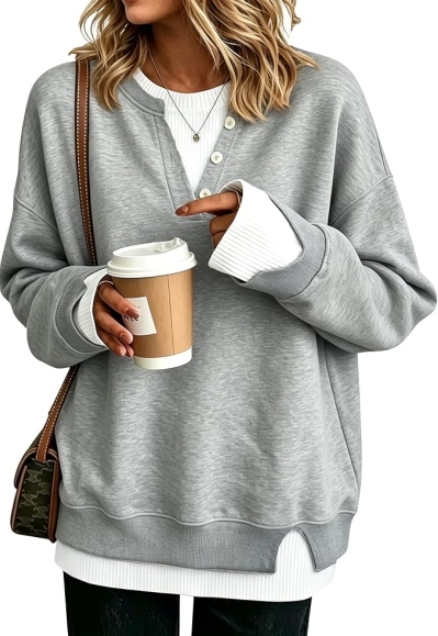 Women's Oversized Henley Crewneck Sweatshirt – Faux Layered 2-in-1 Pullover, No Hood, Long Sleeve Fall Top for Office, Travel & Teacher Outfits