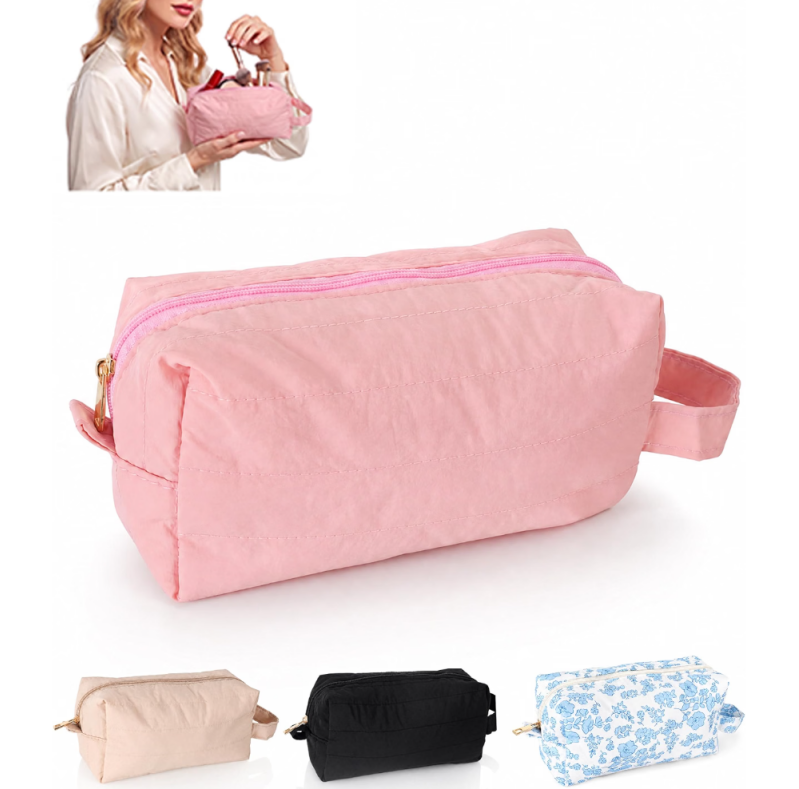 Small Makeup Bag for Women – Wide Open Travel Toiletry Bag & Cosmetic Pouch, Soft Lightweight Nylon Organizer with PVC Dirt-Proof Brush Pocket
