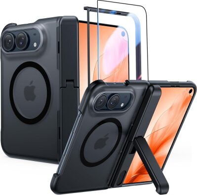 FNTCASE for iPhone Duo Case – Foldable Case with Kickstand, Hinge Protection, MagSafe Compatible, Screen Protector Included, 18FT Military-Grade Drop Protection, Black