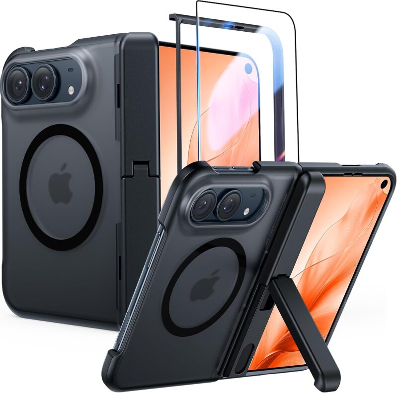 FNTCASE for iPhone Duo Case – Foldable Case with Kickstand, Hinge Protection, MagSafe Compatible, Screen Protector Included, 18FT Military-Grade Drop Protection, Black